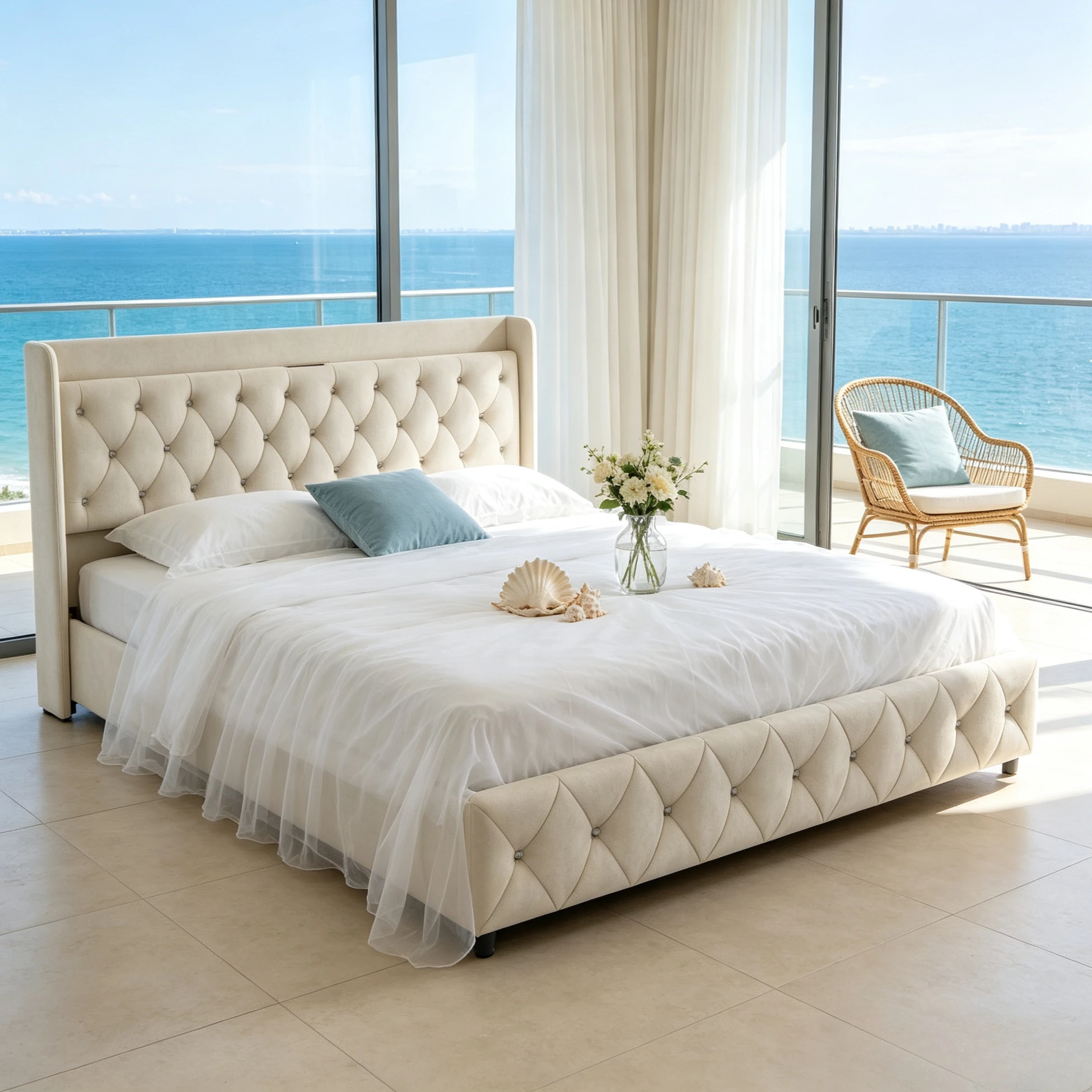 Lit double Rosahqnda, lit hydraulique, 140/160x200 cm, lit adulte avec éclairage LED, tête de lit avec espace de rangement, sommier à lattes, beige, convient aux adultes et aux adolescents, matelas non inclus.