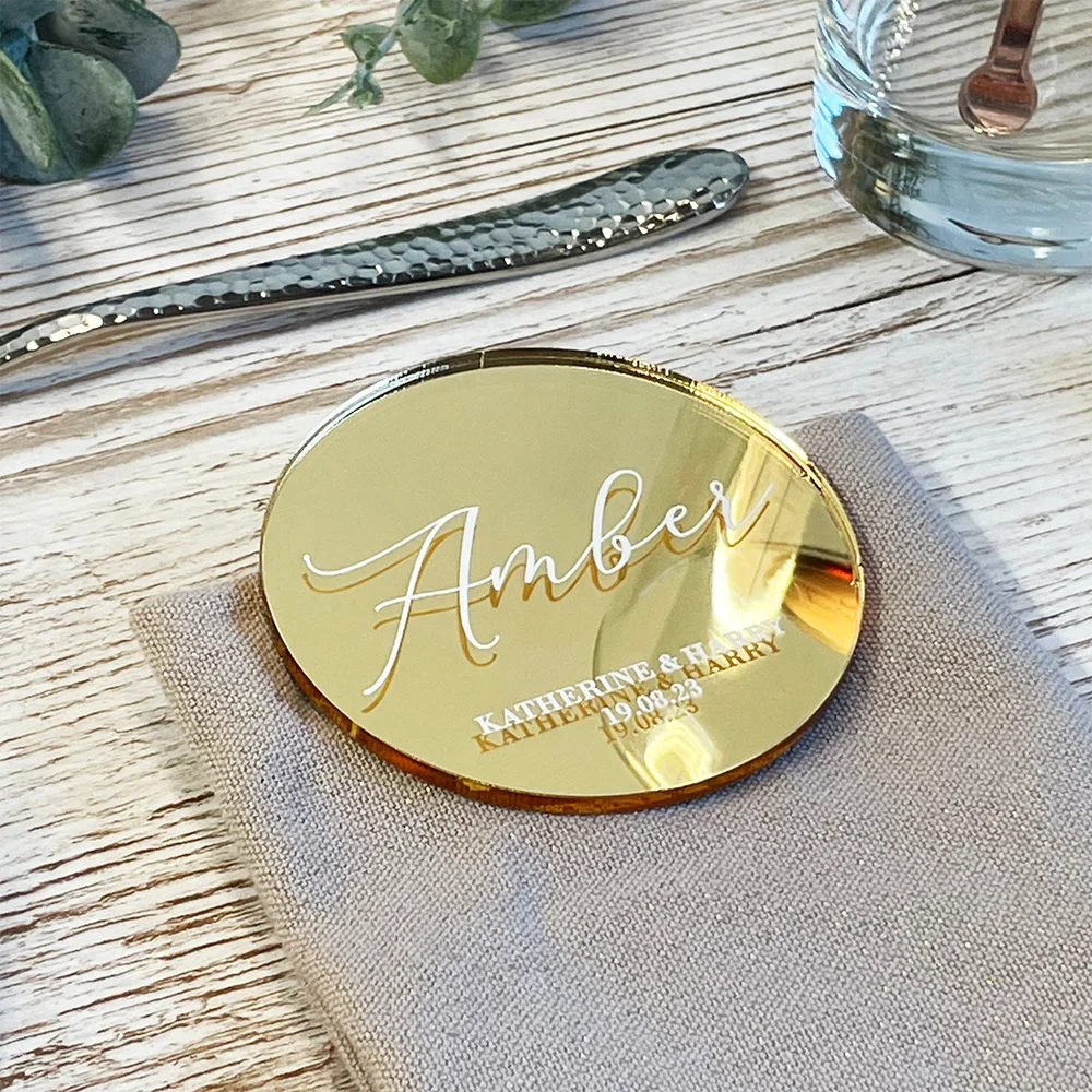 Personalised Acrylic Wwedding Place Names As Coasters Luxury Custom Mirror Gold Card Table Name Guest Seating Decor Engraved Tag