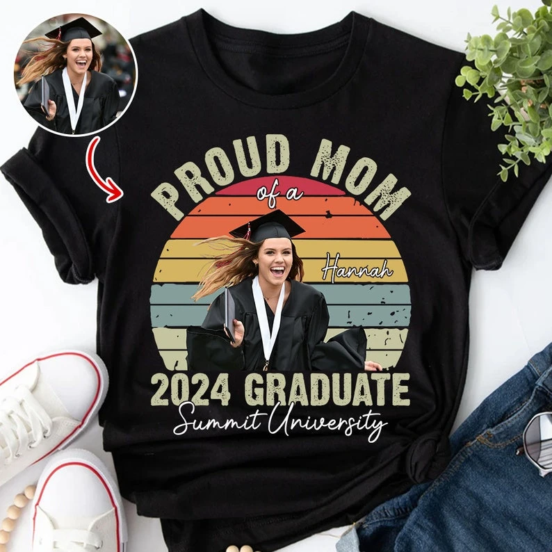 Custom Photo Proud Family 2024 Graduate TShirt Senior Mom 2024 Top with Name Class of 2024 Custom Graduation Tee Family Matching