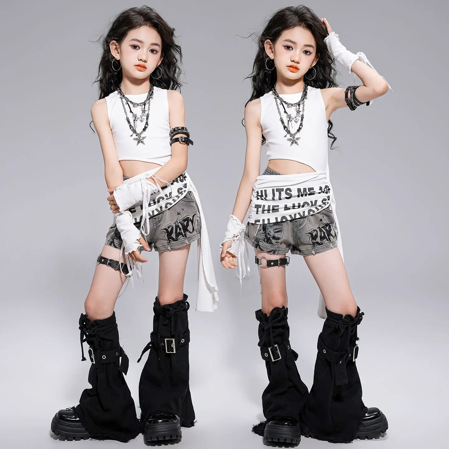 

Kid Kpop Hip Hop Clothing White Side Cut out Tank Top Gray Casual Print Ripped Shorts for Girls Jazz Dance Wear Costumes Clothes
