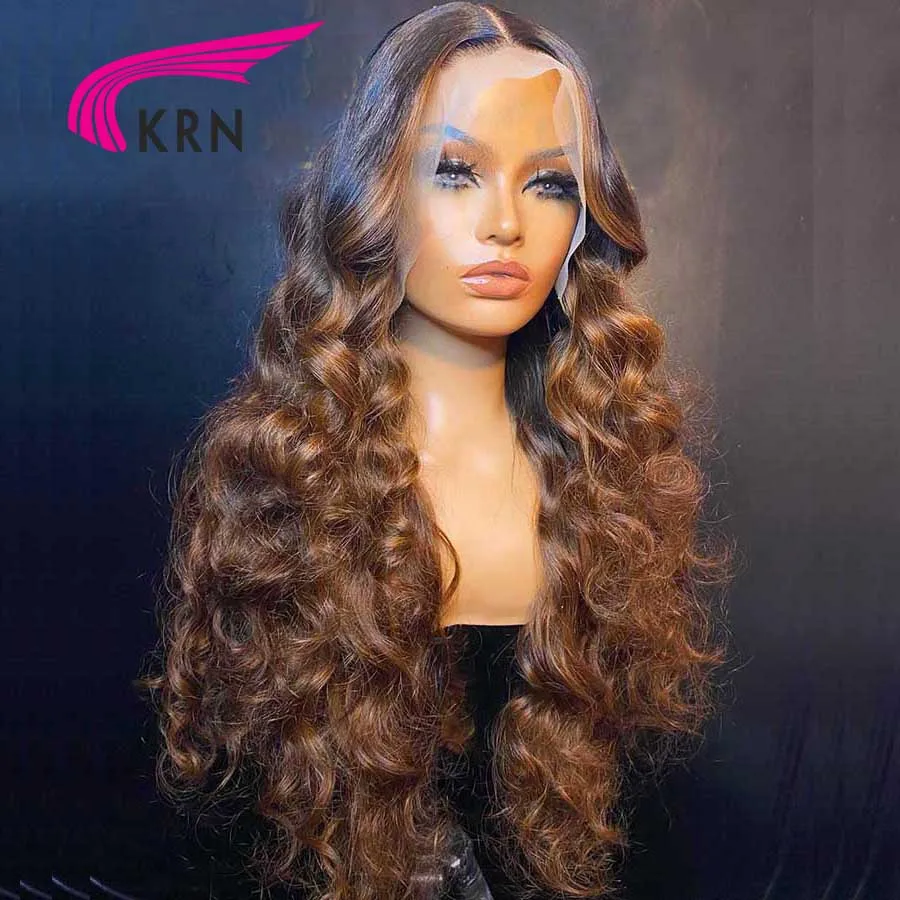 KRN 250 Density Highlight Brown Color 13x6 Lace Wigs with Middle Part Brazilian Hair 13x4 Tranparent Lace Front Wig for Women