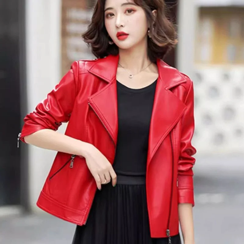 Red Short Leather Coat Female 2026 New Fashion Women's Motorcycle Jacket Spring Autumn High End Lapel PU Leather Outerwea