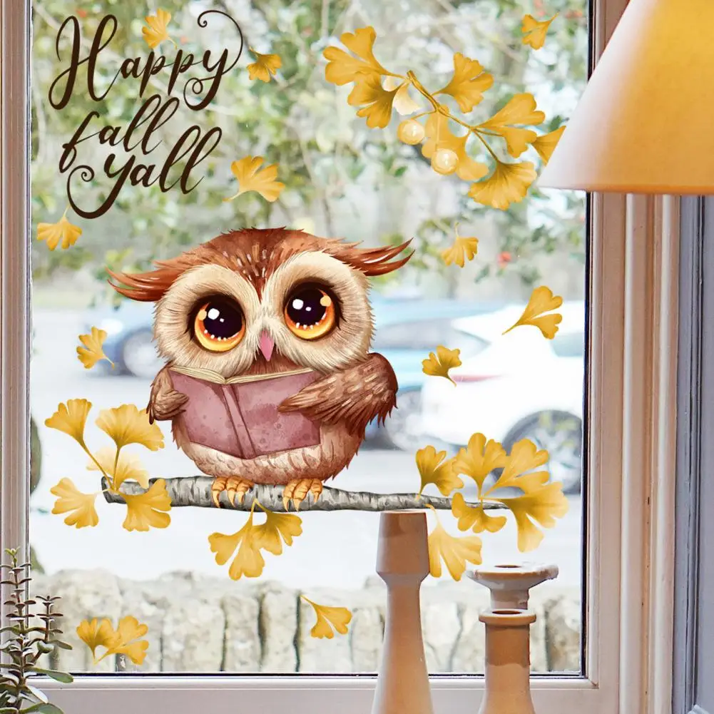 Festive Fall Window Stickers Autumn-inspired Happy Fall Owl Window Sticker Cartoon Nightowl Golden Gingko Leaves for Removable