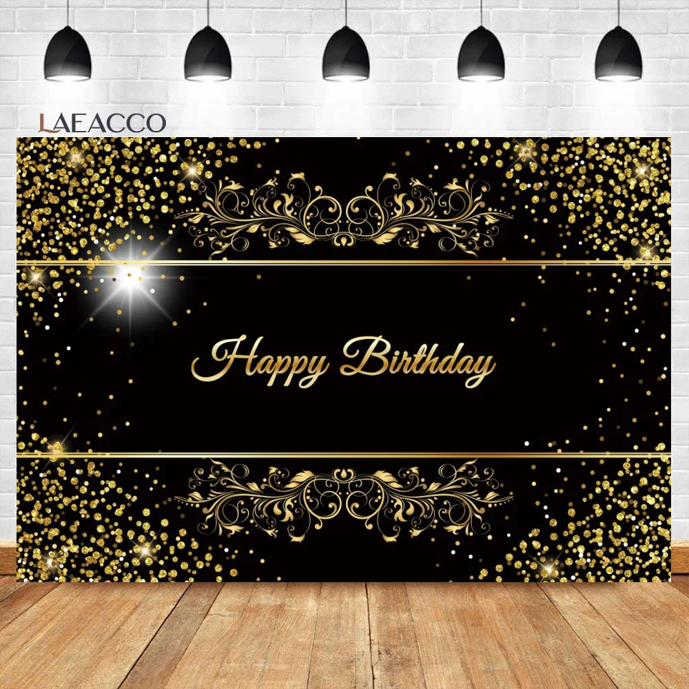 Laeacco Zwart En Goud Gelukkige Verjaardag Photocall Achtergrond Glanzende Sterren Stippen Kids Volwassenen Portret Aangepaste Fotografie Achtergrond