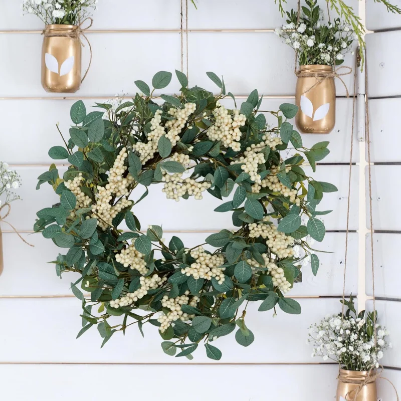 

18 Inch Artificial Eucalyptus Wreath with White Berries Home Decor for Front Door Wall Window Farmhouse Home Holiday Party Decor