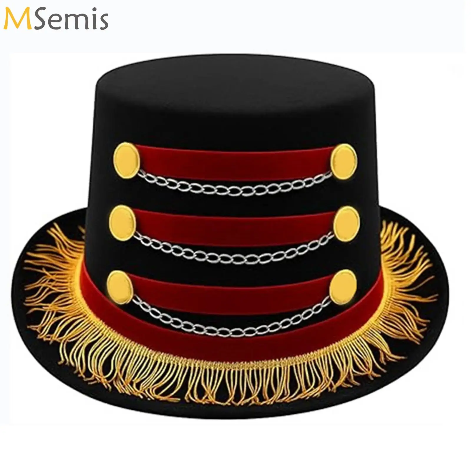 

Цилиндр Ringmaster, красный, черный цирковой шляпа тренера, золотая бахрома, стразы, цепочки, карнавальный бурлеск, аксессуар для костюма на Хэллоуин