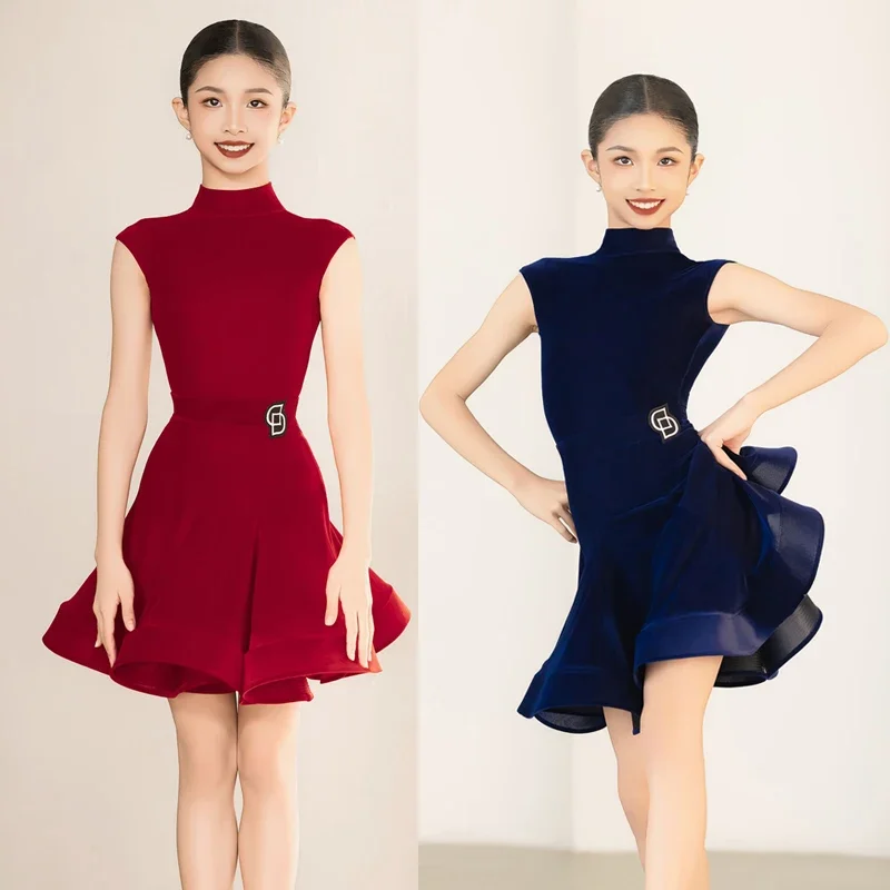 

New Children'S National Standard Dance Professional Clothes Girls Velvet Latin Dance Dress Ballroom Dance Training Suit