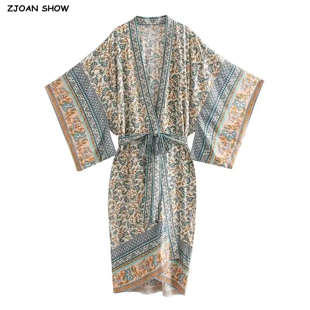 BOHO Women Beige Locate Floral Print Long Kimono Shirt Hippie Bandage Tie Bow Sashes Cardigan Loose Blouse Beach Tops Holiday