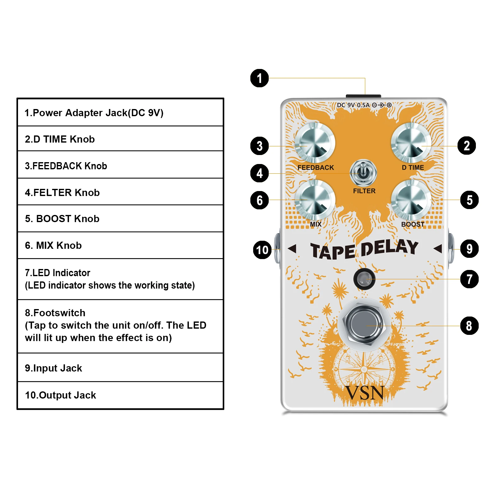 VSN Tape Delay Pedal,Combined With Delay And Bass Effects Wide Range Delay Adjustment,Stereo Delay Pedals,Analog Delay Pedal wit