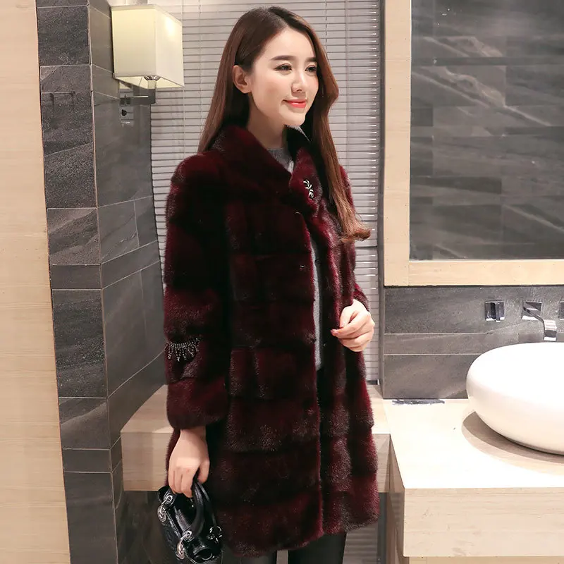 

fur Mink Real coat2023 natural women's clothing outerwear jacket coats new stand collar stripe nine-point sleeves fur