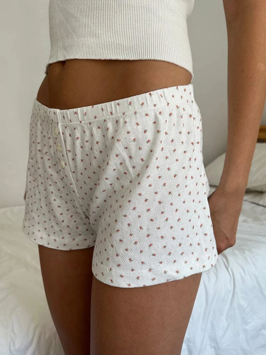 

Sweet Floral Hollow Out Home Sweartshorts Women Cotton Soft Button Casual Street Elasitc Waist Short Pants Vintage Cute Shorts