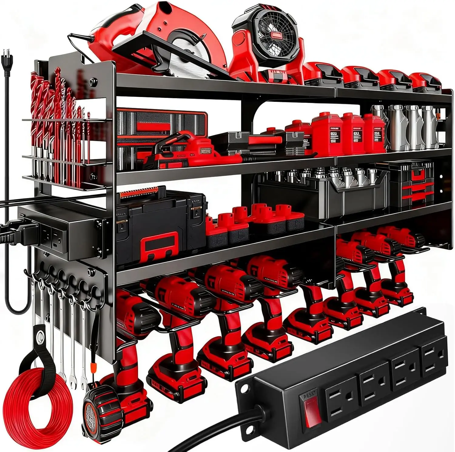 

33" Heavy Duty Metal Tool Organizer with Charging Station, 4 Layers Wall Mount Rack for Garage and Workbench