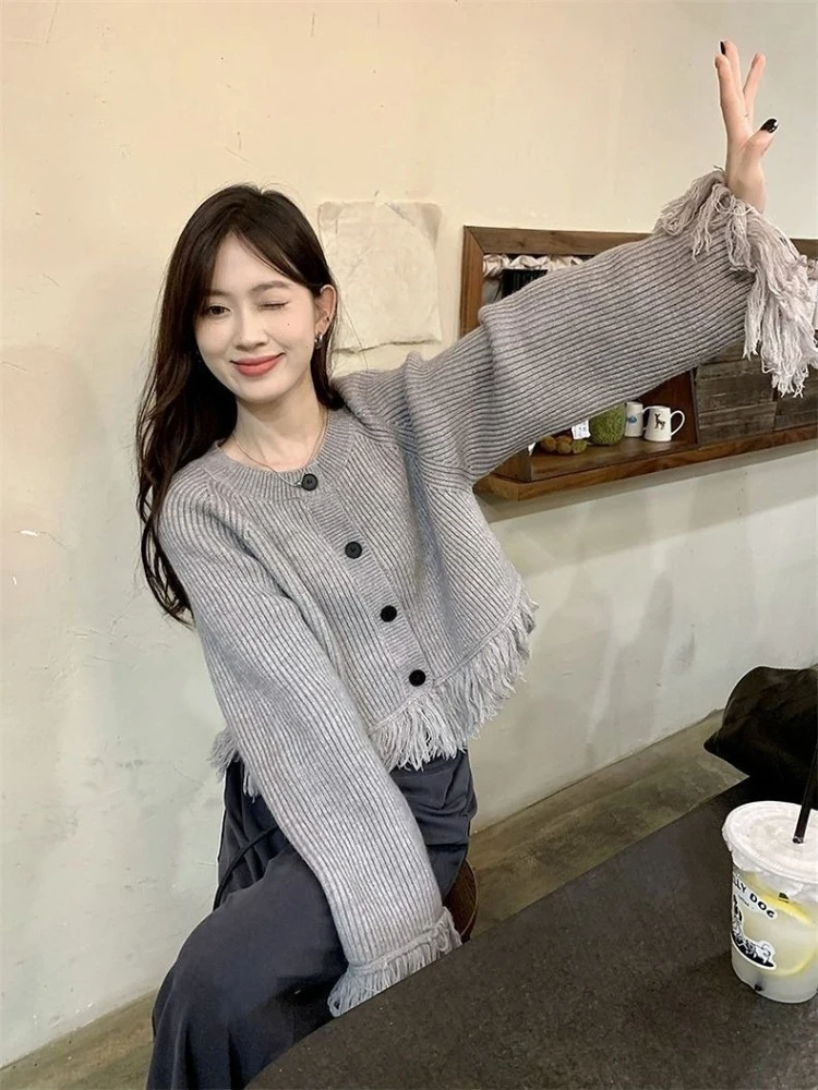 タッセル付きレディースニットセーター、格安カジュアルでエレガントなジャケット、長袖韓国風グレーカーディガンの新作