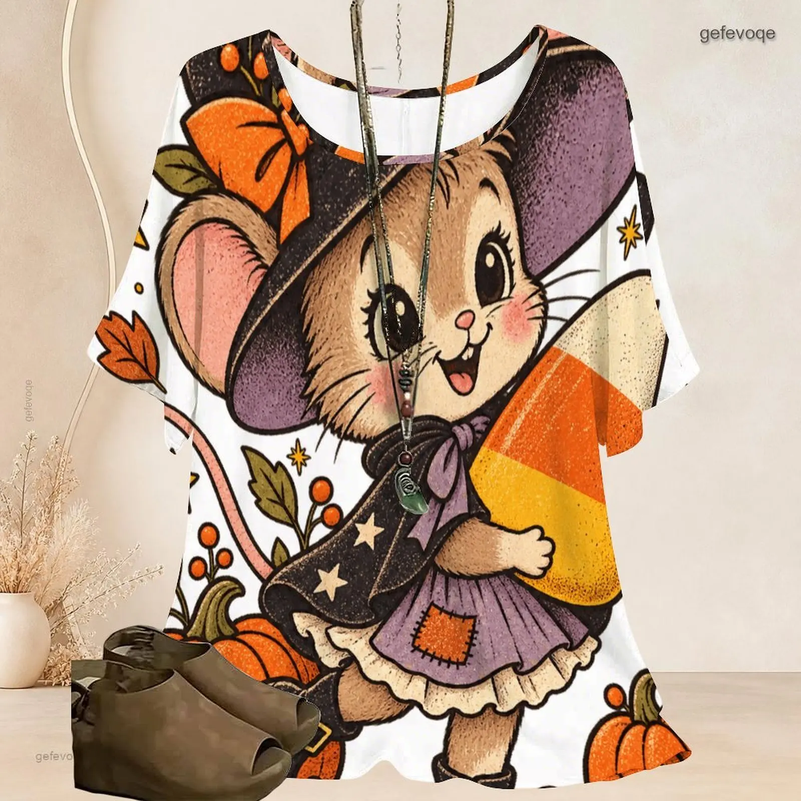 Women Loose Round Neck Short Batwing Sleeve Top, Printed Cartoon Witch Mouse Pumpkin Candy Corn Pattern