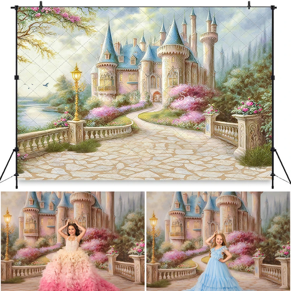 

Fantasy Castle Photo Background Princess Children Girl Birthday Cake Smash Photography Backdrop Garden Flower Photo Studio Props