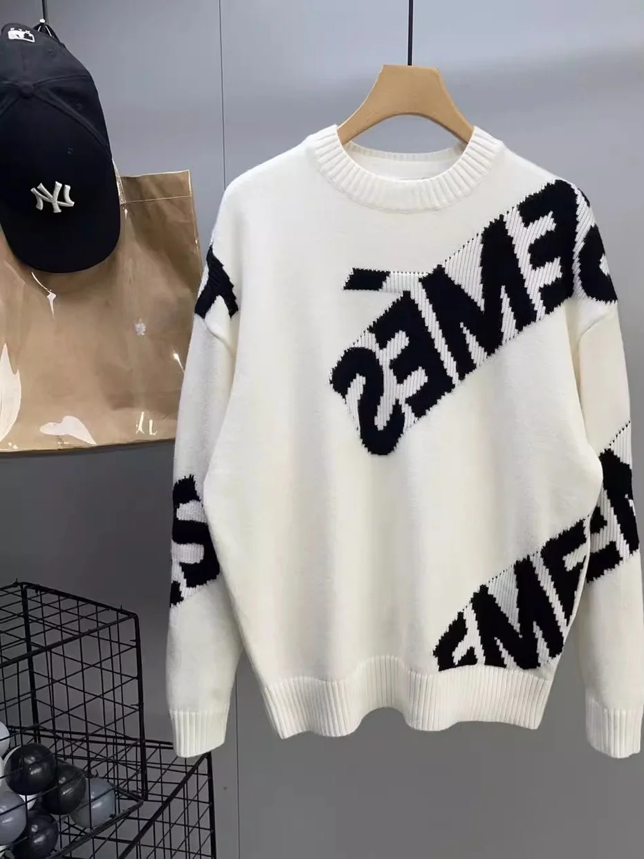 

American Trendy Letter Embroidery round Ne Loose Knitted Long Sve Men's Sweater Winter Warm Top Casual Youth Sle