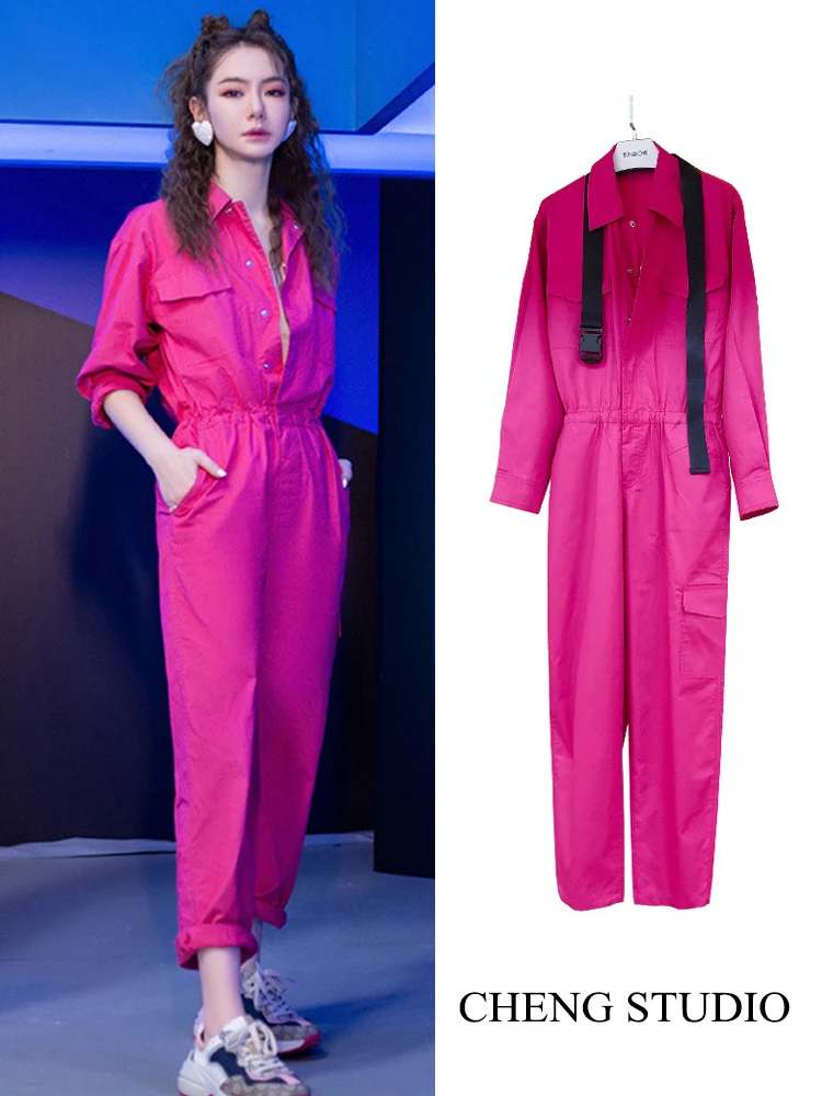 

Qie Mei Red High Waist Workwear Jumpsuit Women's Loose Casual Straight Leg Jeans Cotton Fabric Commute Sle Long Pants