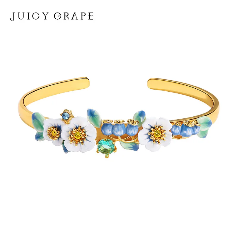 

Juicy Grape Blueberry Bangle Handmade Enamel Bangle Opening Adjustable Blueberry Flower Bangle 18K Gold Plated Birthday Gift