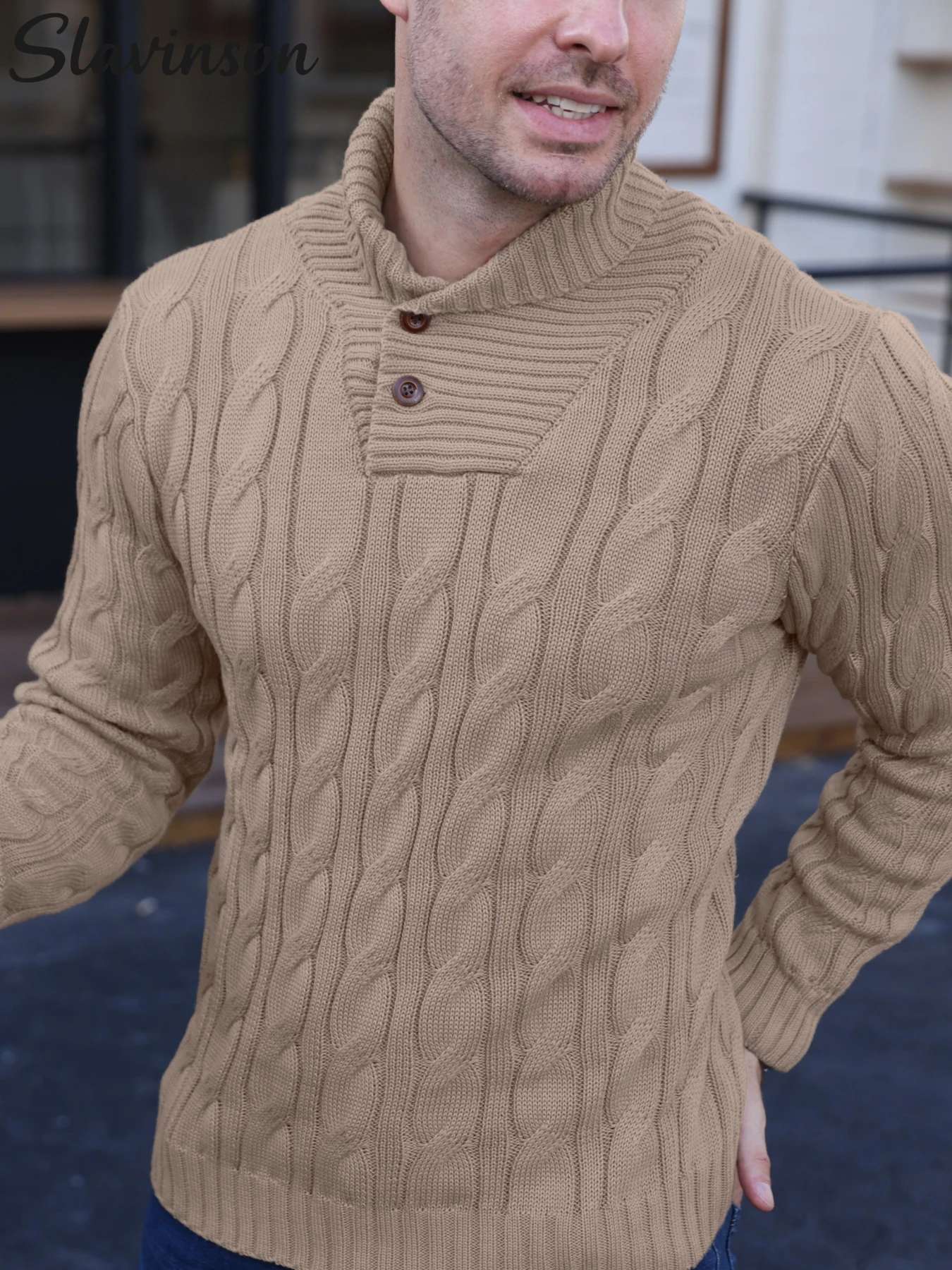 Ropa de otoño para hombre: camisa de punto texturizada con botones y solapa, cálida y cómoda para ir al trabajo