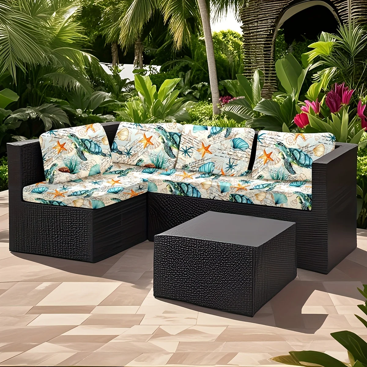 6/8pcs Outdoor Sofa Cushion Cover, Ocean Themed Seashell Conch Pattern Patio Furniture Covers for Backyard