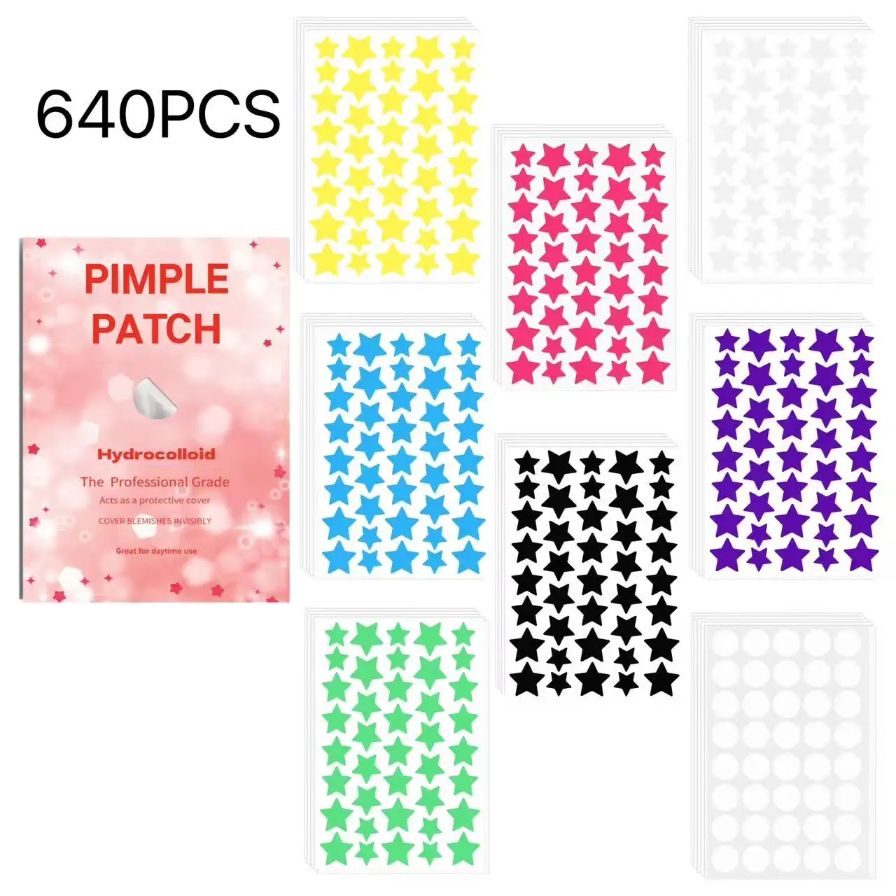 Pink Glitter Box Acne Patches 640Pcs, 7-Color Star & Clear Round Hydrocolloid Spot Covers