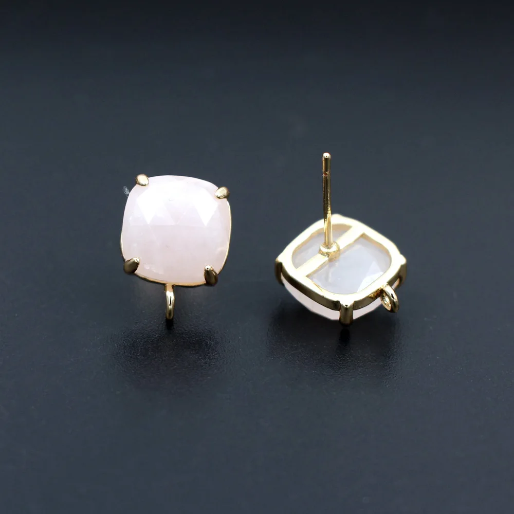 10pair 10mm Square Gold Plated Red Green Jade Stone Rose Quartz Stud Earrings Linker Connectors for Women Wedding Accessories