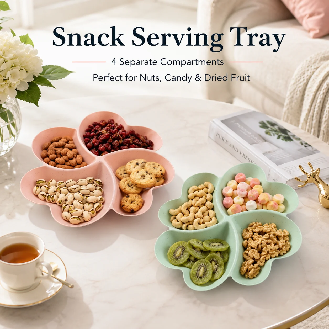 4-Compartment Candy Dish Snack Tray with Lid, Multipurpose Nut Serving Platter