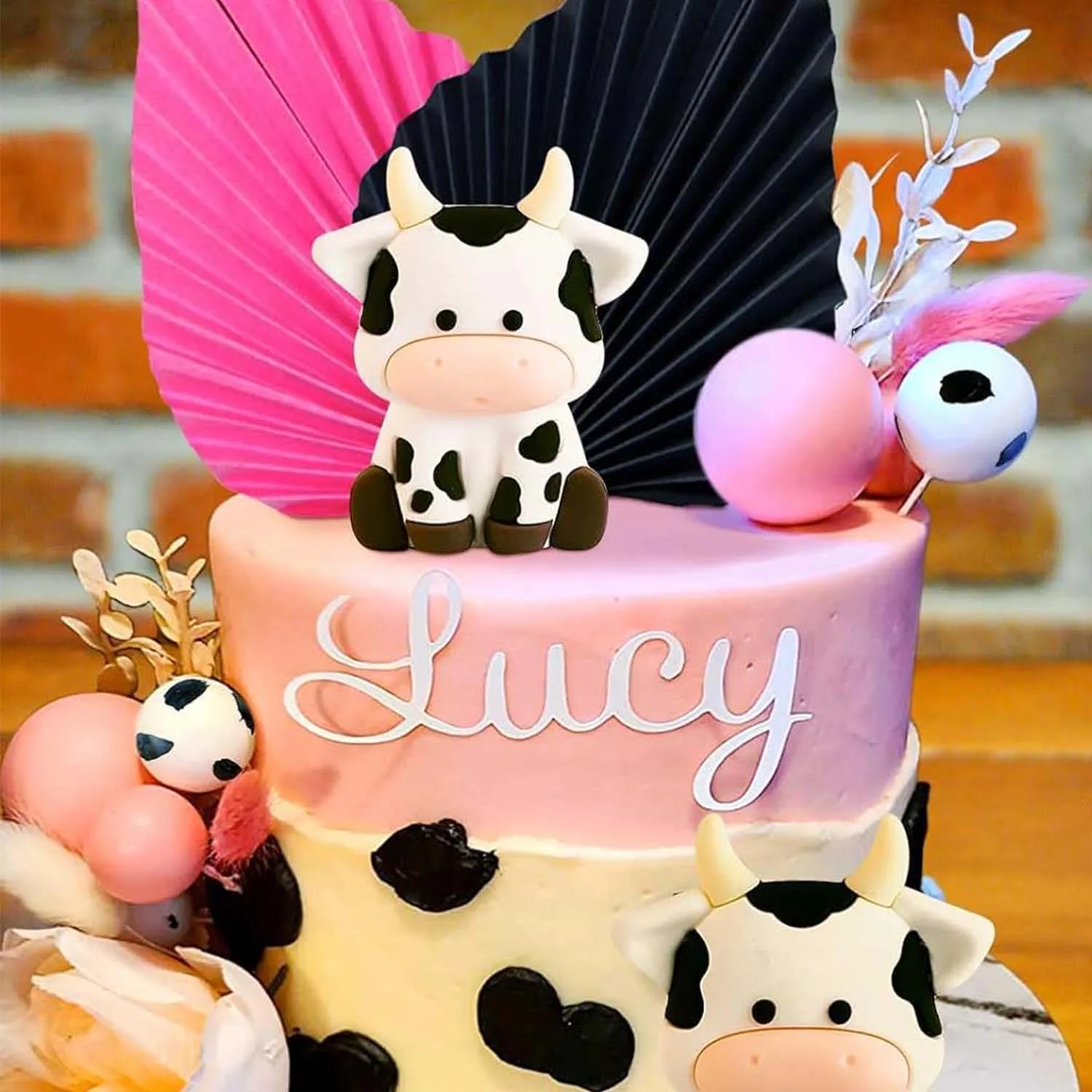 24Pcs Cow Cake Decoration Cowgirl Birthday Cake Topper Palm Leaves Balls Cake Topper Barnyard  Animal Birthday Party Decorations