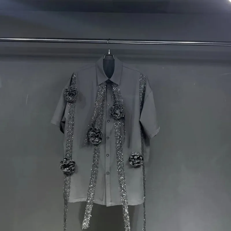 

Men's Handmade Rose Floral Short Sleeve Shirt Korean Fashion Loose Casual Button Down Blouse