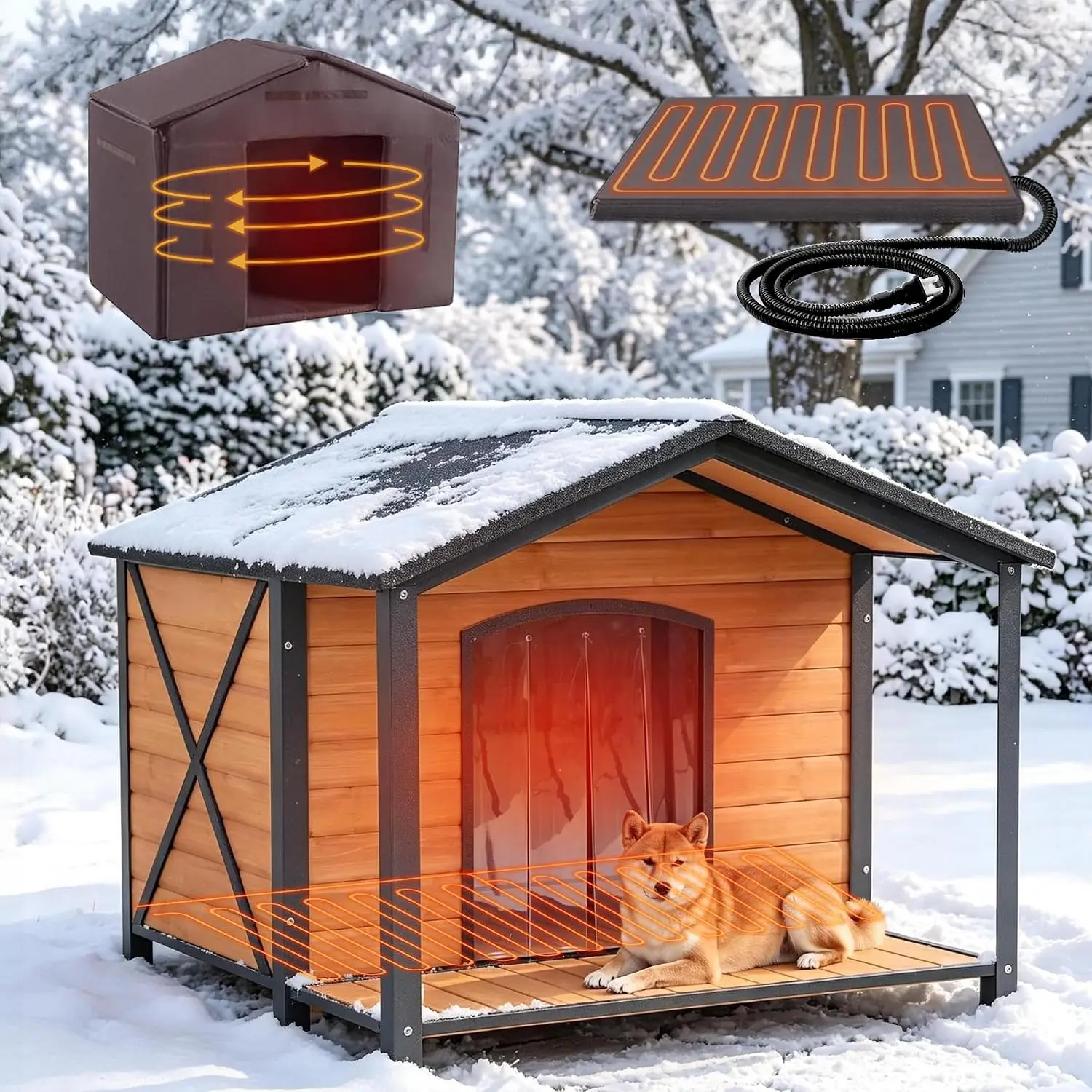 Extra Large Heated Dog House Outdoor with Full Iron Frame & Covered Porch, Customized