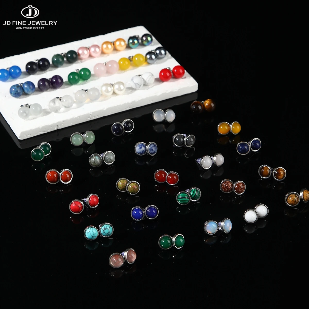 JD 6 8 10mm Natural Agate Earrings Healing Crystal Stone Round Ball Pearl Beads Stud Fashion Jewelry for Women Girl Wholesale