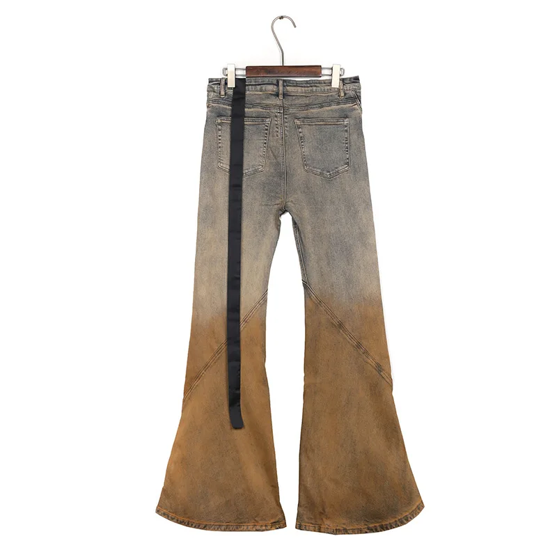 Dark RO High Street Denim Pants Men's Washed Retro Loose Wide Leg Micro Trumpet Stacking Gradient Distressed Jeans Pants