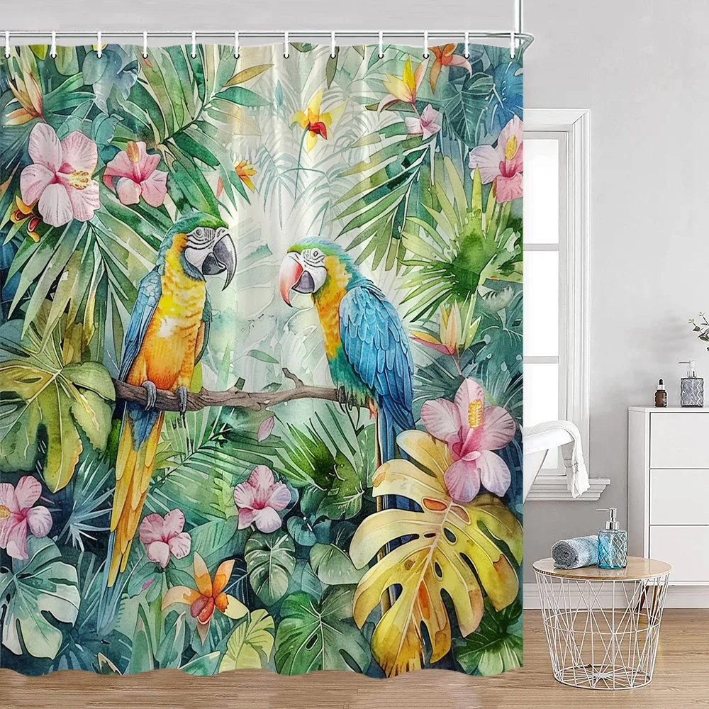 Birds Shower Curtains Parrots Hummingbird Tropical Plant Leaves Flowers Botanical Bathroom Curtain Modern Polyester Bath Curtain