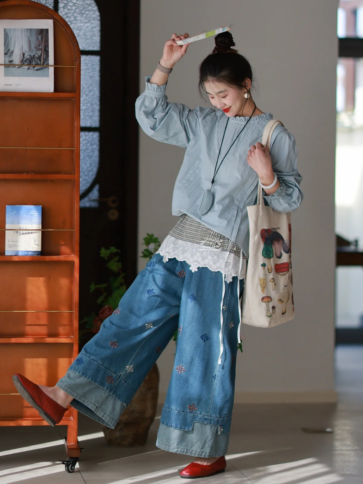 

High Waist Wide Leg Pants Women's Casual Sle Slimming Cotton Denim Embroidered Spring New Arrival Original Product