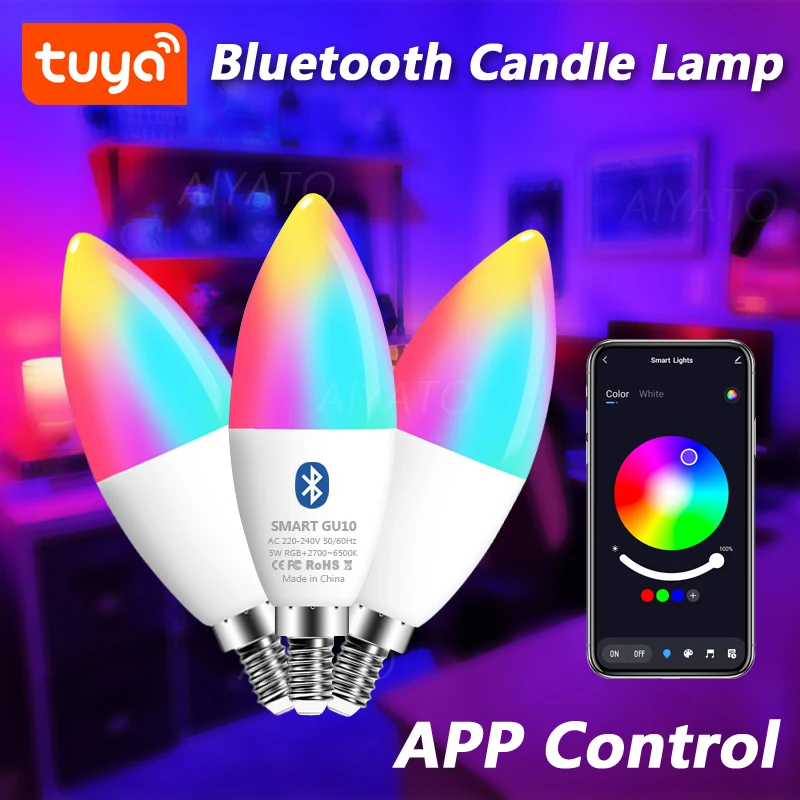 

Tuya E14 Candle Lamps APP Control Smart Bulb Bluetooth WIFI RGB 220V LED Light Dimmable Smart Life Room Home Group Crystal Lamps