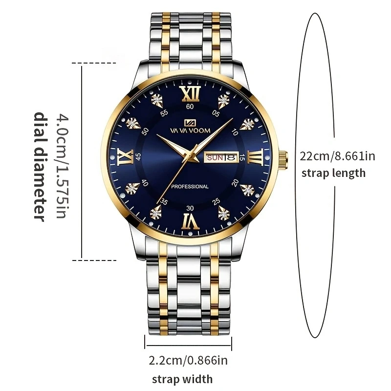 2025 New Men's Watch Luxury Blue Gold Stainless Steel Strap Original Dual Calendar Quartz Movement Business Rhinestone Men Watch