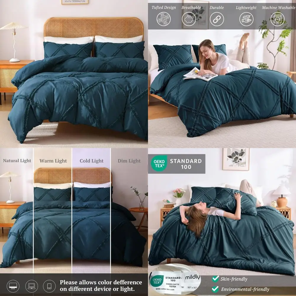 

King Size Bohemian Style Peacock Blue Duvet Cover Set with Geometric Pattern, Tasseled Corners, and Zippered Closure