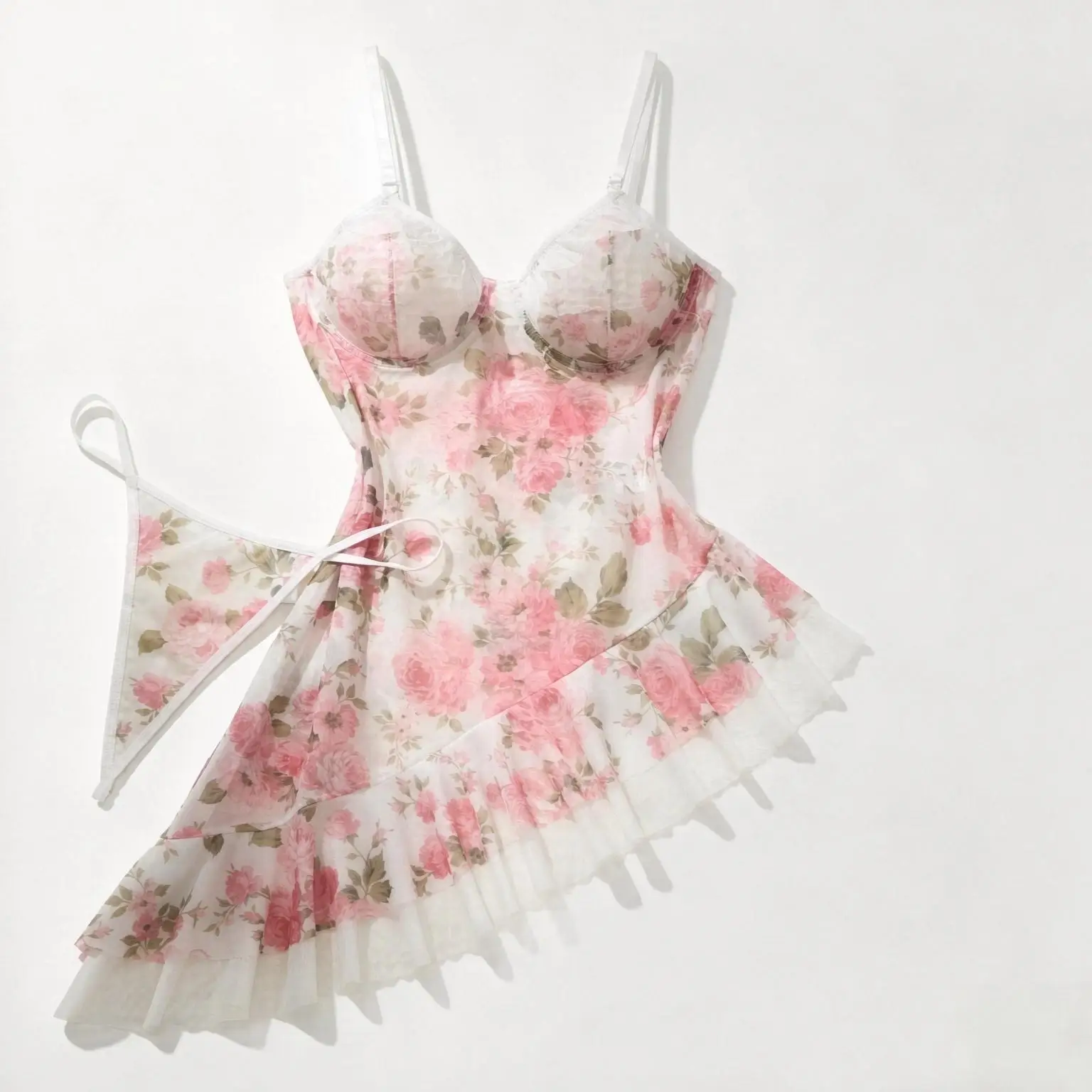 Women Rose Print Slip Nightgown Set Spaghetti Strap Lace Trim Sleepwear Dress and Matching Panty 2 Piece Set