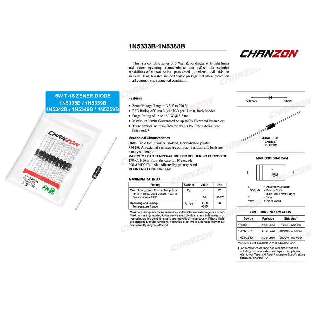 파워 제너 다이오드, T-18 CASE17-02 축 5 W 와트, 1N5338B, 1N5342B, 1N5349B, 1N5359B, 1N5359B, 5 W, 5.1V, 5.6V, 6.8V, 12V, 24V, 팩 당 20 개