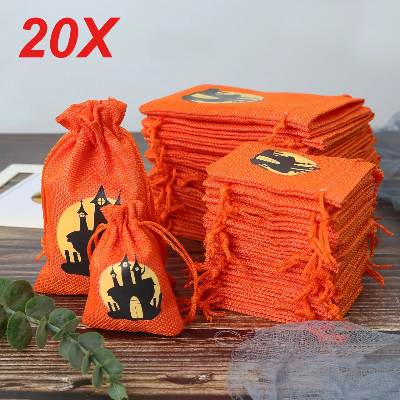 20PCS Halloween Orange Kordelzug Sackleinen Jute Geschenktüten DIY Hochzeit Gunsten Geschenk für Verpackung Süßigkeiten Schokolade Schmuck
