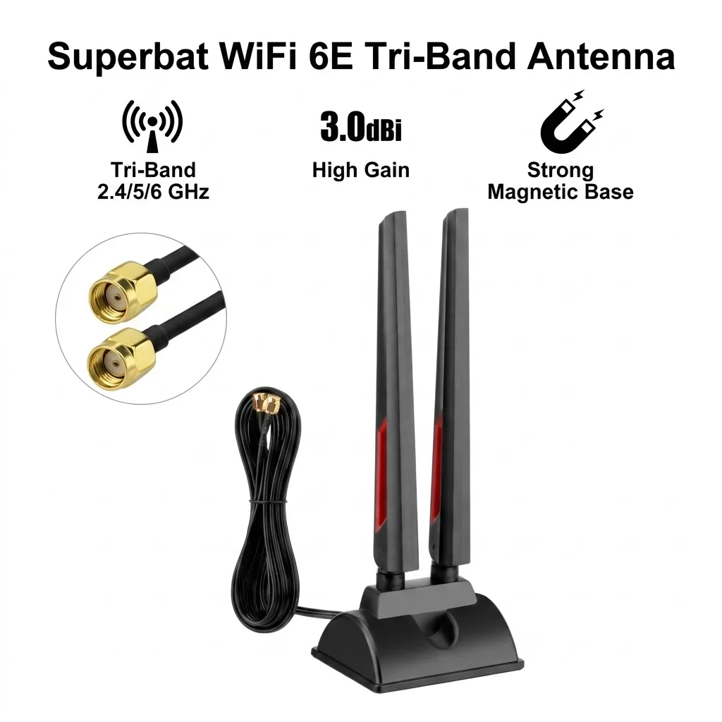 Superbat 2.4GHz 5GHz 6GHz WiFi 6E Tri-Band Antenna Magnetic Base WiFi Antenna RP-SMA Extension Cable for PC Desktop Computer