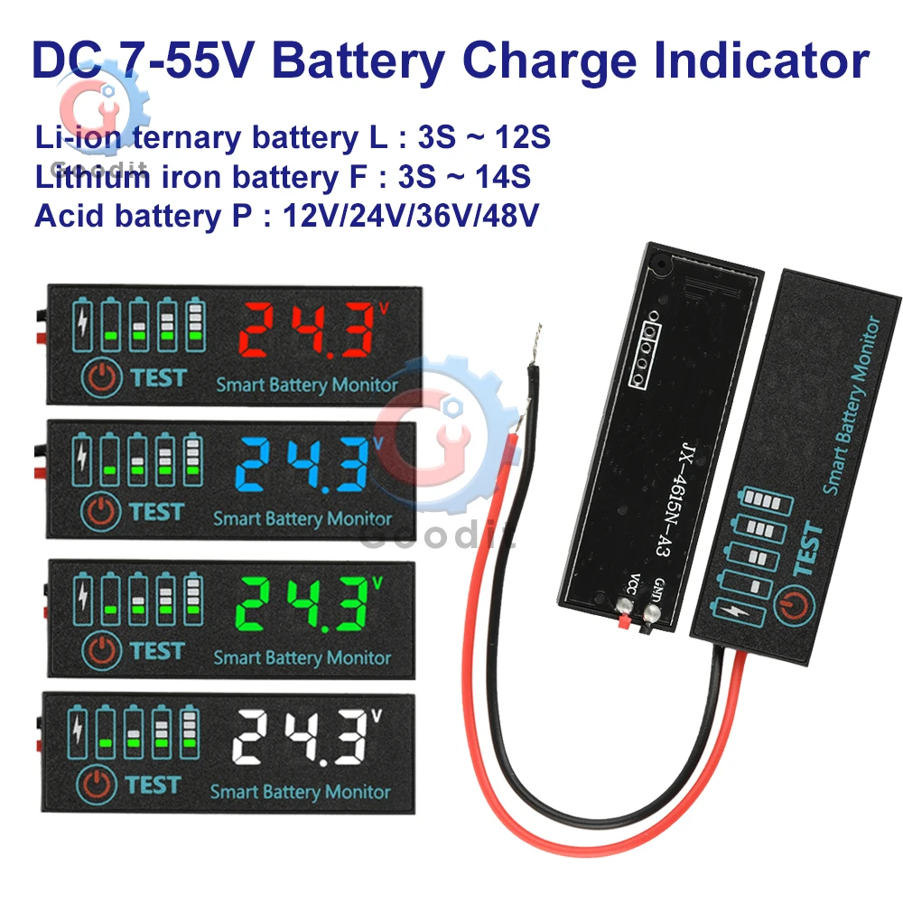 

DC 7-55V Battery Power Indicator LED Indicator Voltage Charge Indicator Acid Battery Lithium Battery Universal Capacity Tester