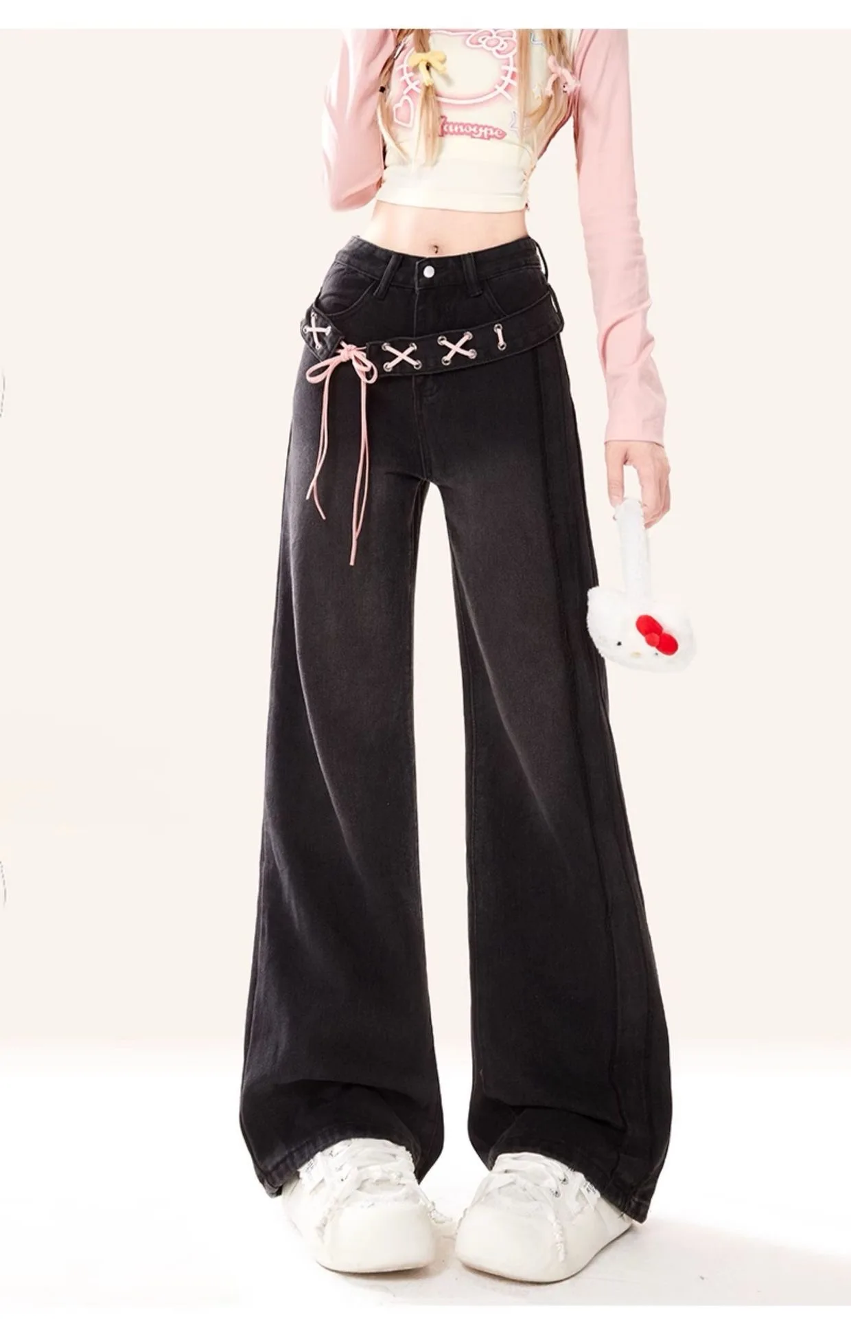 Women Kawaii Style Wide Leg Jeans Japanese Vintage Cutecore Coquette Shoujo Girl Pants Spring Clothes