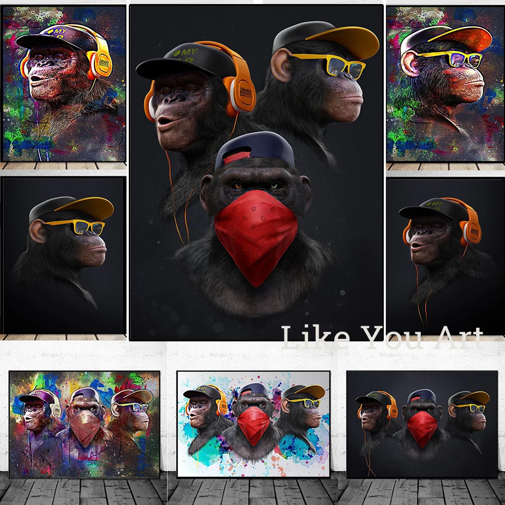 Abstract Graffiti Three Hip-Hop Masked Monkeys Series Art Canvas Oil Painting Animals Pop Poster Street Wall Pictures Home Decor