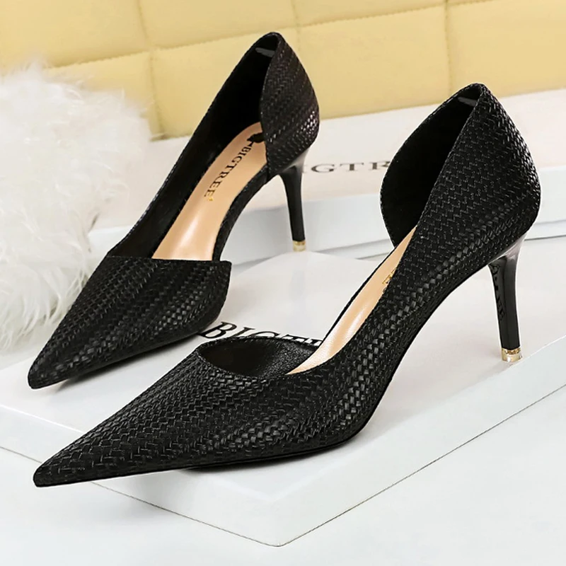 BIGTREE Shoes Weave Design Kitten Heels Women Shoes Fashion Woman Pumps Pointed Stiletto Heels Large Size 34-43 Lady High Heels