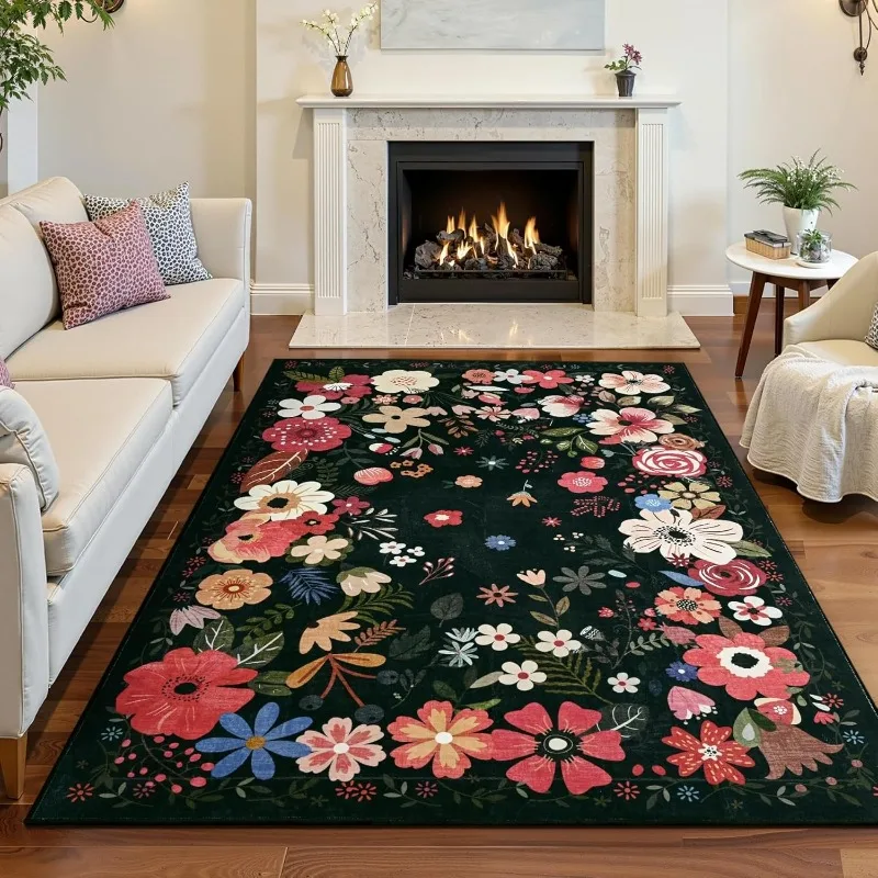 Modern Bohemian Flowers Pattern Carpet for Living Room Retro Luxury Bedroom Bedside Rug Non-slip Machine Washable Floor Mat