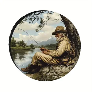 Old Man Fishing Scene Tire Cover Polyester RV Trailer SUV Spare Wheel Protector