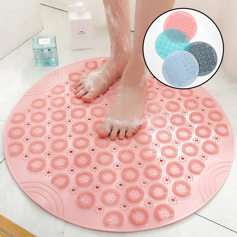 55cm Round Non-Slip Bath Shower Mat With Drain Holes Silicone Bathing Rugs Foot Massage Pad Suction Quick-Drying Water Drainage