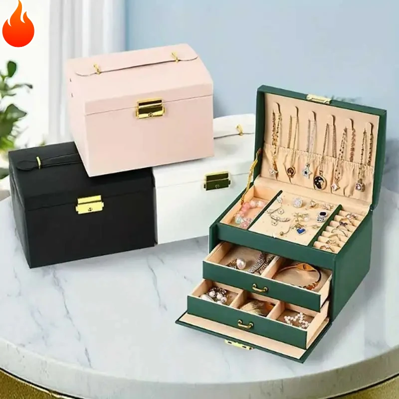

Ручная шкатулка для драгоценностей с тремя ящиками, кольцо, коробка для хранения ожерелья, коробка для хранения ювелирных изделий из искусственной кожи с замком для ключей безопасности