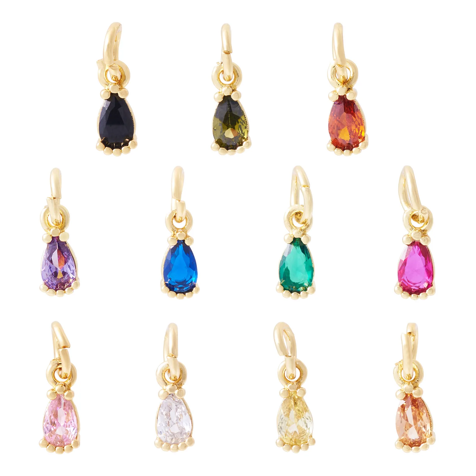 

11Pcs Brass Cubic Zirconia Charms with Jump Ring Gold Plated Faceted Teardrop Mixed Color for DIY Necklace Earring Jewelry Charm